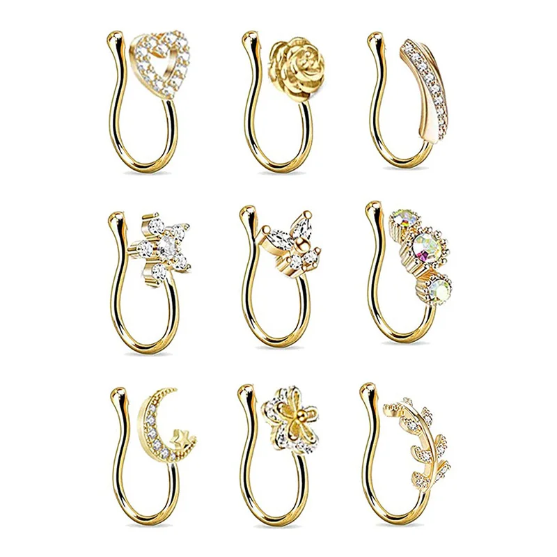 

9Pcs/Set Flower Butterfly Fake Nose Ring Set Crystal Non Piercing Ear Cuff Cartilage Earring Clip On Fake Lip Piercing Jewelry