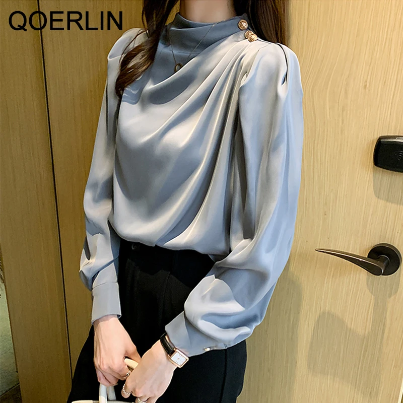 

QOERLIN Elegant Korean Stand Collar Lantern Sleeve Fashion Long Sleeve Shirt Blouse New Zipper Fly Pleated Blouse S-2XL Pullover