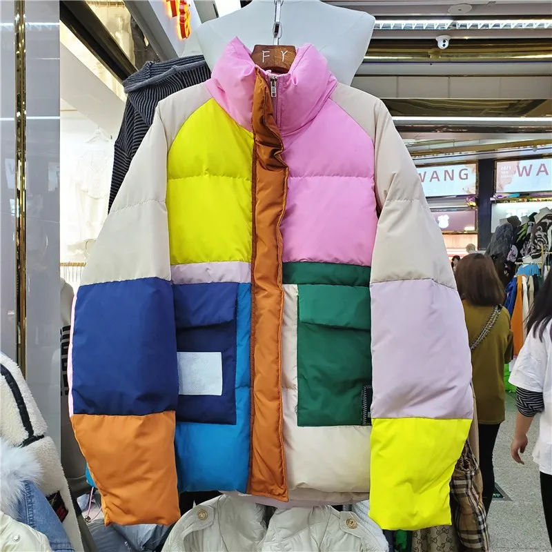 

Fashion Contrast Stand Collar Cotton Padded Coat Women Winter Parkas Drawstring Loose Down Cotton Outwear Casual Casaco Feminino