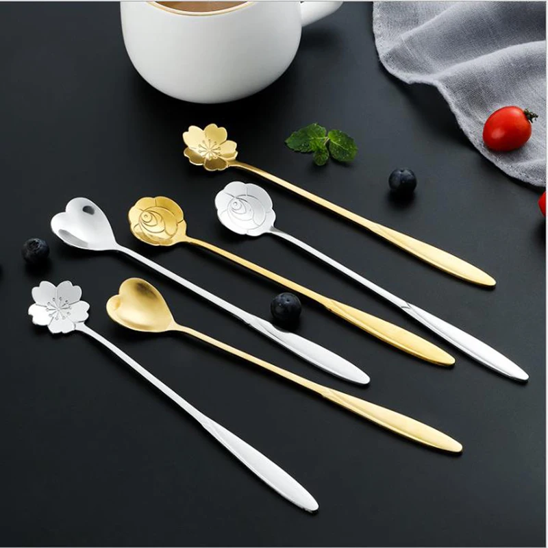 

1 PC Tea Coffee Mixing Spoon Gold Spoon Long Handle Dessert Stainless Steel Vintage Teaspoons Drink Tableware Free Shipping