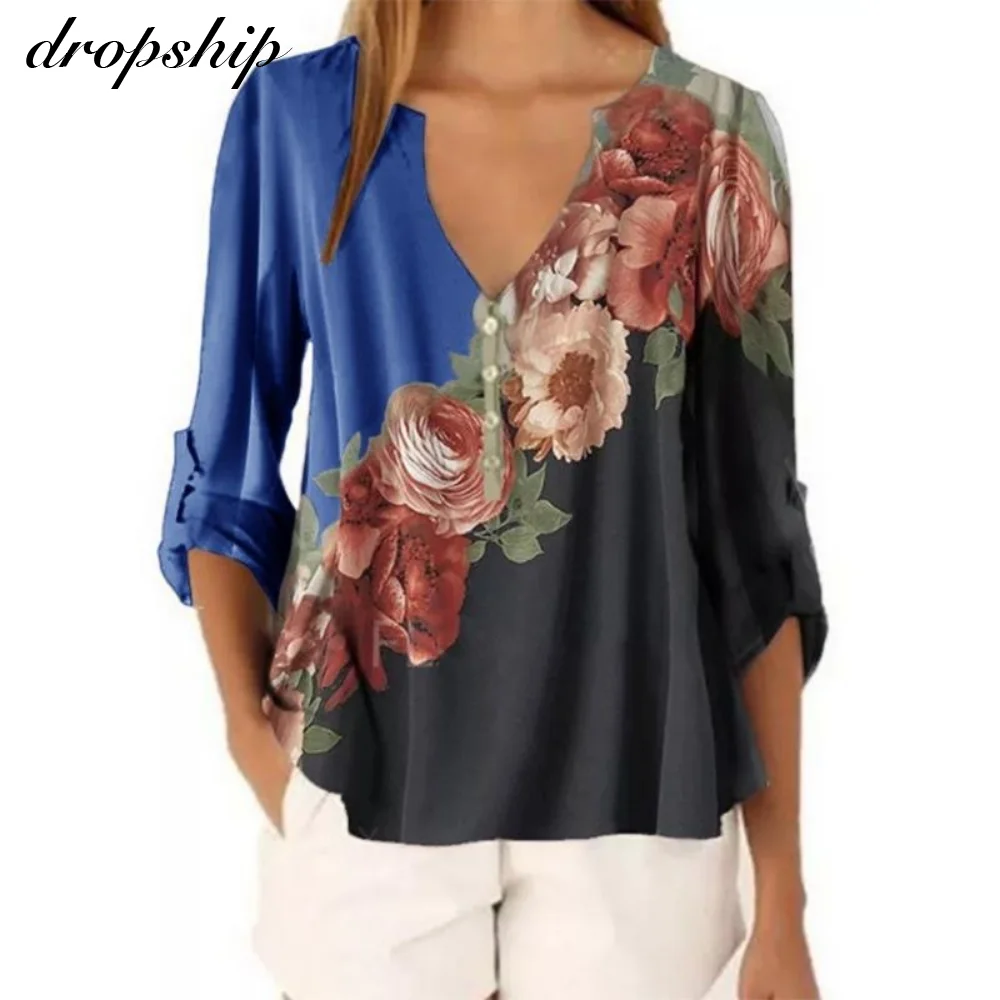 

2020 New Summer Short Sleeve Shirt Sexy V-neck Floral Print Tops Blouse Fashion Casual Shirt
