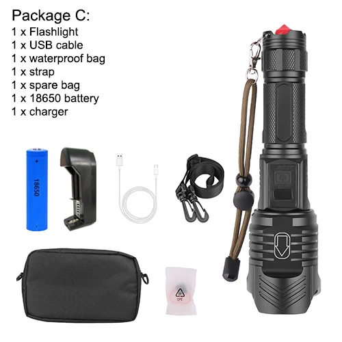 Package C Светодиодный фонарик XHP90 мощный фонарик XHP70 26650 масштабируемый фонарь умный чип водонепроницаемый нижний наружный молоток безопасности - Испускаемый цвет: Package C