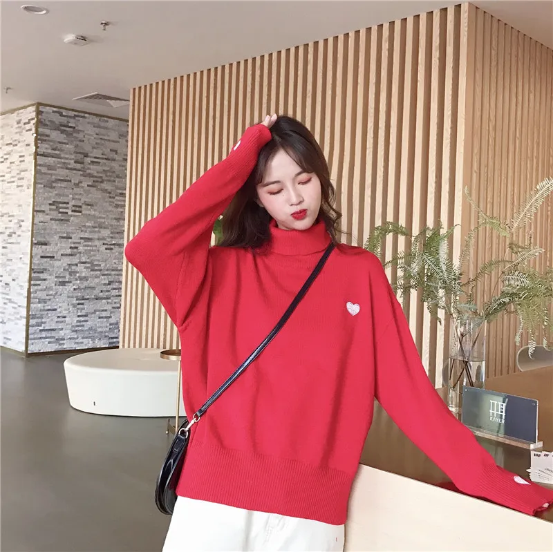 Autumn Winter Korean Sweet Turtleneck Sweaters Women Fashion Cute Love Heart Embroidery Loose Jumper Female All Match Knit Tops | Женская