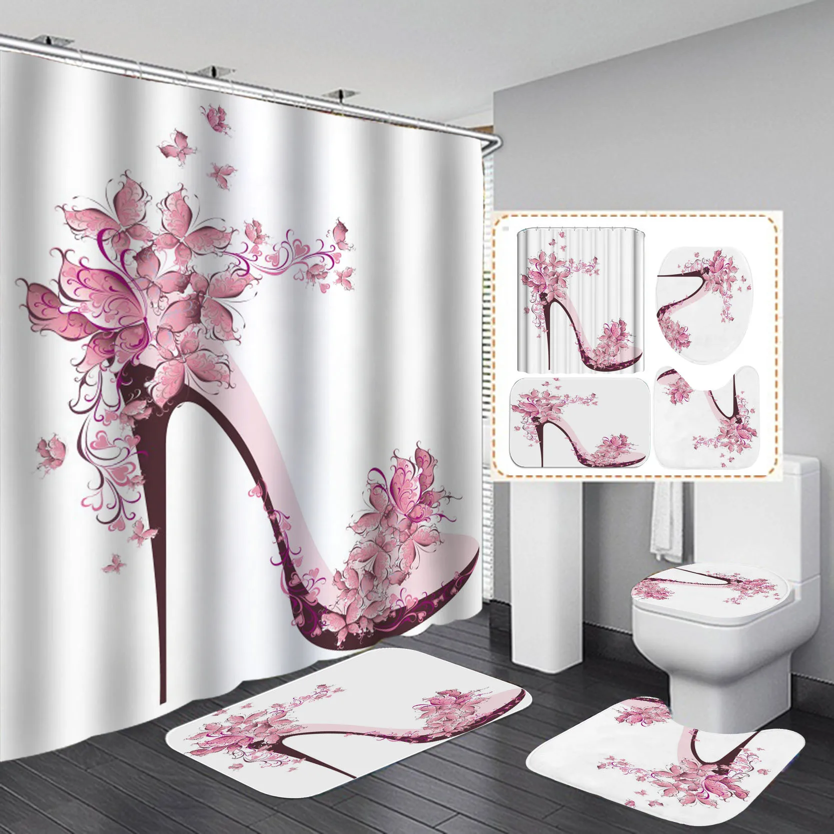 red high heels print shower curtains set cosmo lady style waterproof bath mats rugs for bathroom soft lid cover home decoration free global shipping