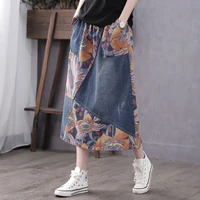 womens printed patchwork denim skirt 2021 springsummer new retro artistic loose mid length high waist a line skirt