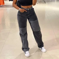 women loose patchwork high waist trousers pockets female wide leg denim pants ripped straight jeans