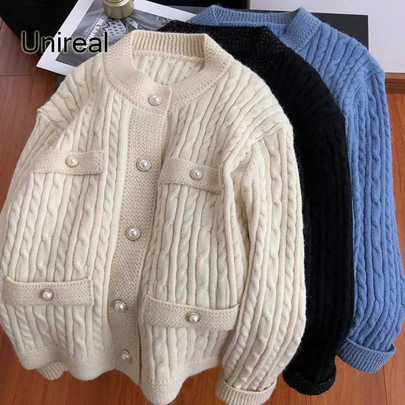 

Unireal 2020 Autumn Winter Women Knitted Cardigan Long Sleeve Casual Coat Female Sweaters Jumpers