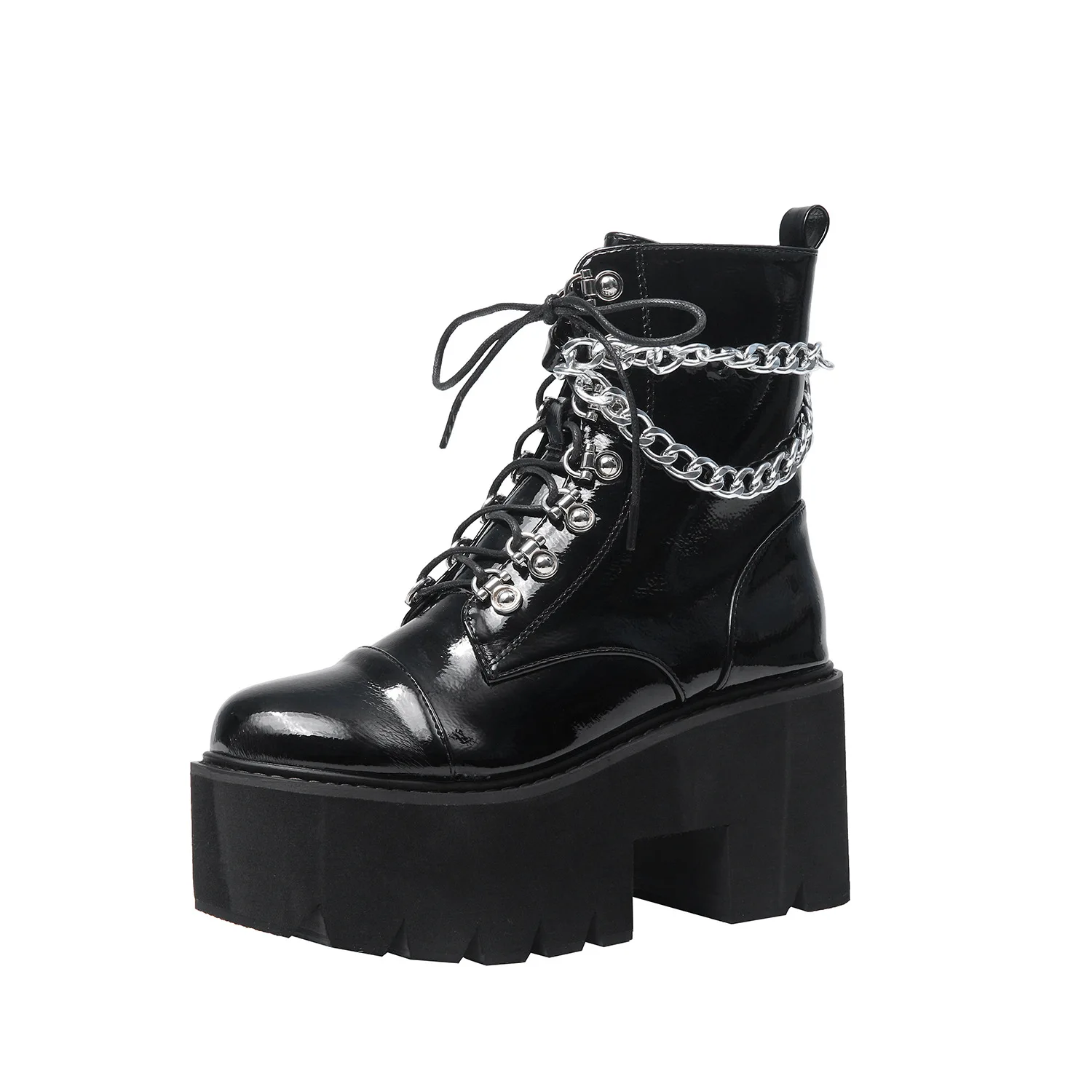 

Natascha Winter Patent Leather Black Boots Women Heel Sexy Chain Chunky Heel Platform Boots Female Punk Style Ankle Boots Zippe