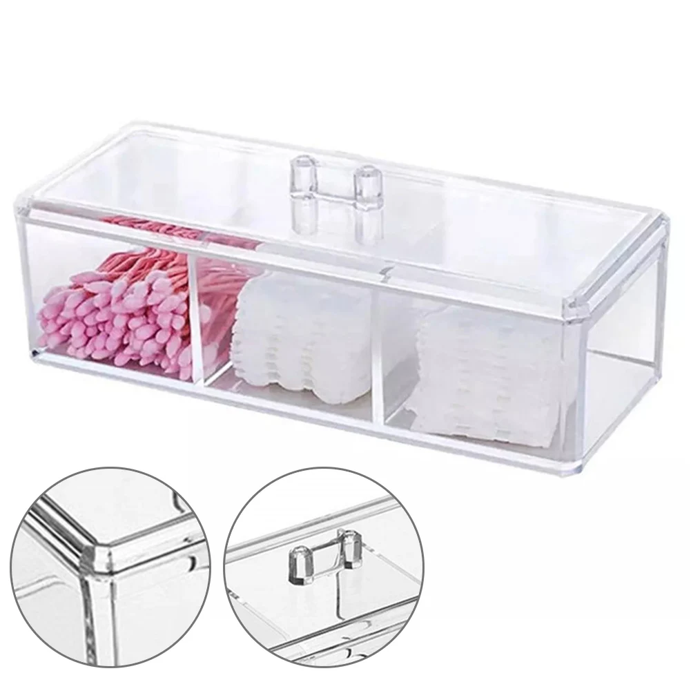 

Acrylic Cotton Swab Holder Storage Box with Lid 3 Compartmens Crystal Clear Makeup Cotton Pad Cosmetcis Organizer Case