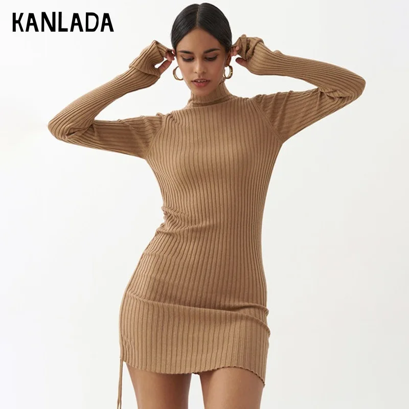 

High Neck Slim Dress 2021 Autumn Winter Knitted Drawstring Shows The Trend of Thin Hip Wrap Skirt Dress for Women платье женское