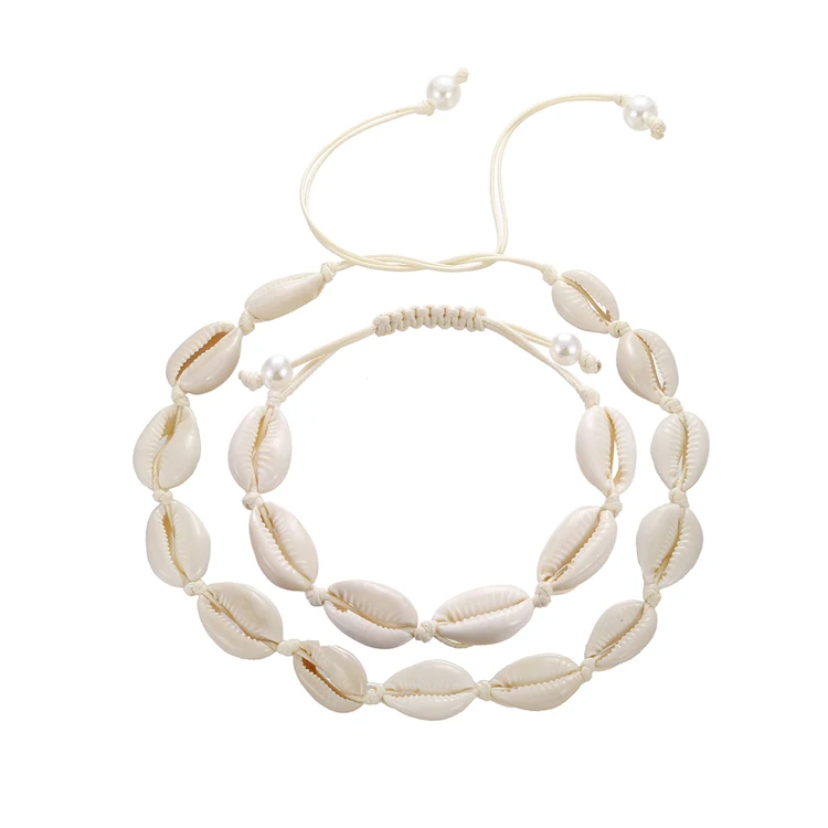 white shell Beige 2 шт./компл., натуральная основа браслет Цепочки и ожерелья богемный Регулируемый рычаг ручной вязальная веревка Цепочки и ожерелья, украшения для женщин и девочек для девочки дружба пляжная раковина - Окраска металла: white shell Beige