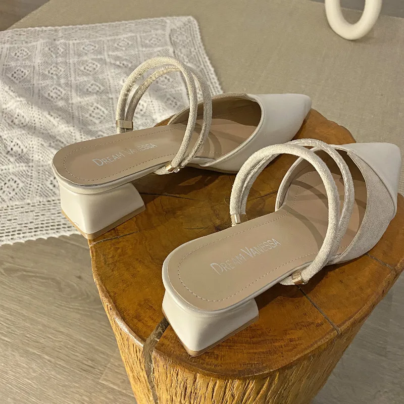 

DLEK Women Chunky Heels Sandals Casual Buckle Strap Slipper Pointed Toe Latex Modern Ladies Spring Summer Sandals Shoes Mules