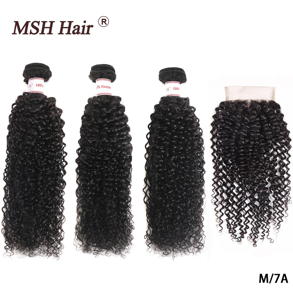 MSH волосы бразильские кудрявые 3 пряди с закрытием не Remy человеческие кружевной