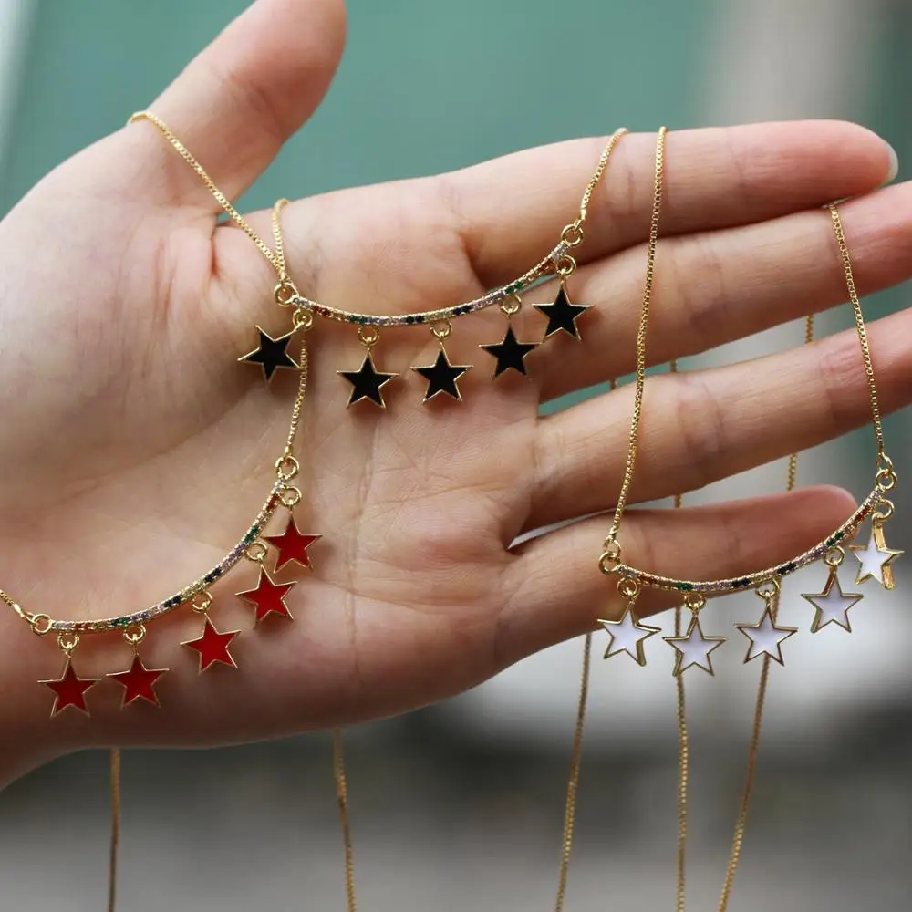 

New Gold filled micro pave rainbow CZ/ enamel star tassel chain pendant necklace female fashion beautiful jewelry