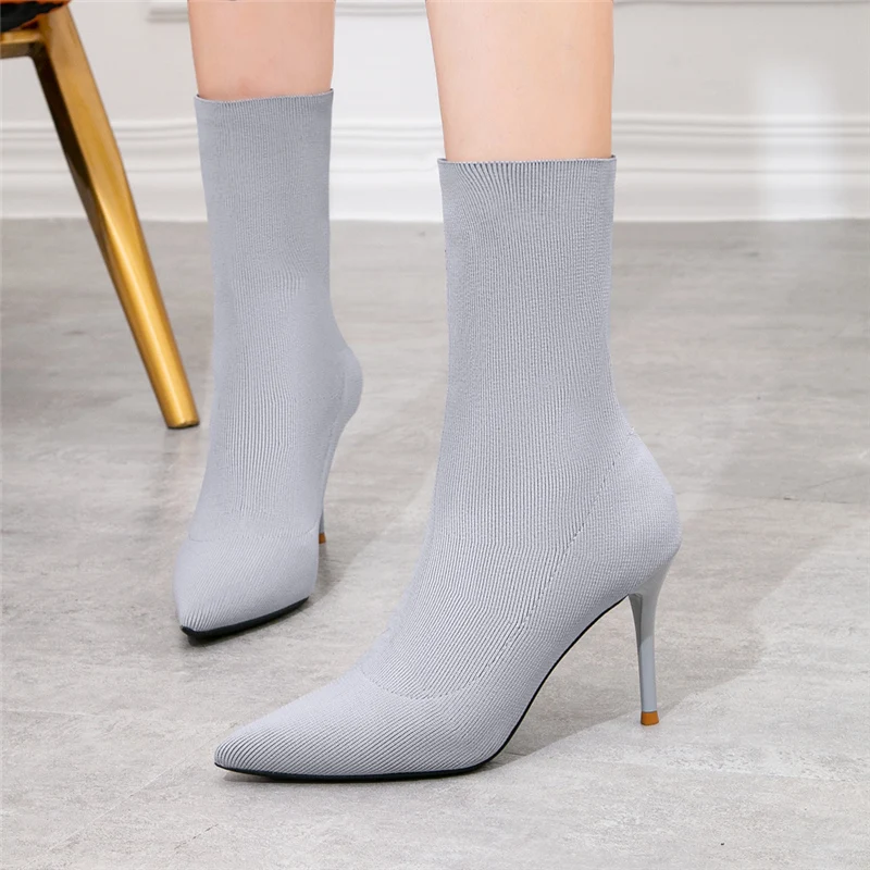 

Black Beige Ankle Elastic Sock Boots Women 2020 Winter Sexy Pointed Toe Thin Heels knitting Boots Stretch Booties Big Size Shoes
