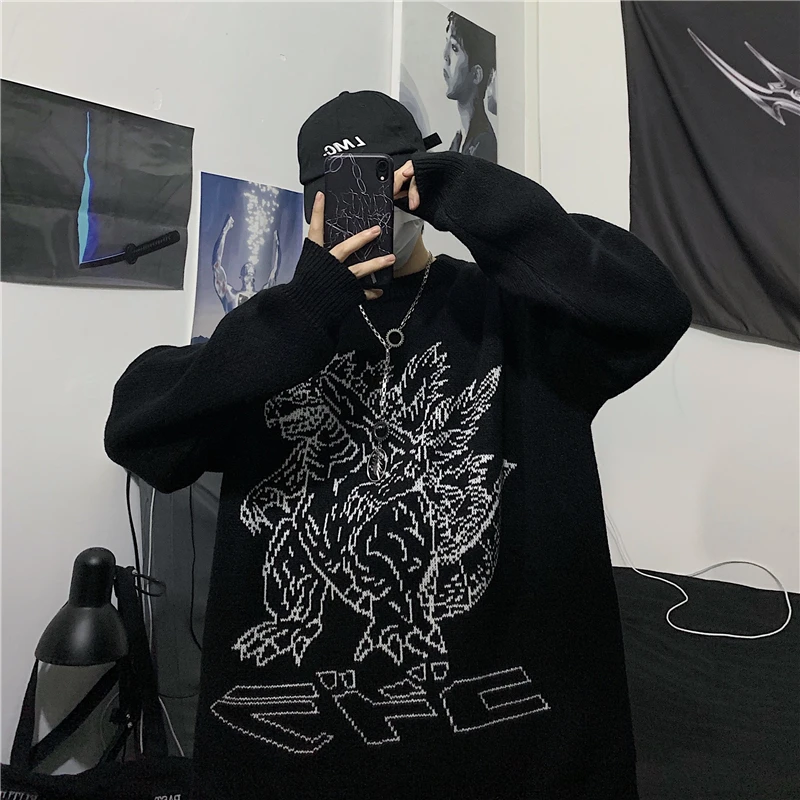 Cartoon Monster Sweater Retro Dinosaur Cotton Loose Round Neck Long Sleeve Knit Thick Harajuku Female | Женская одежда