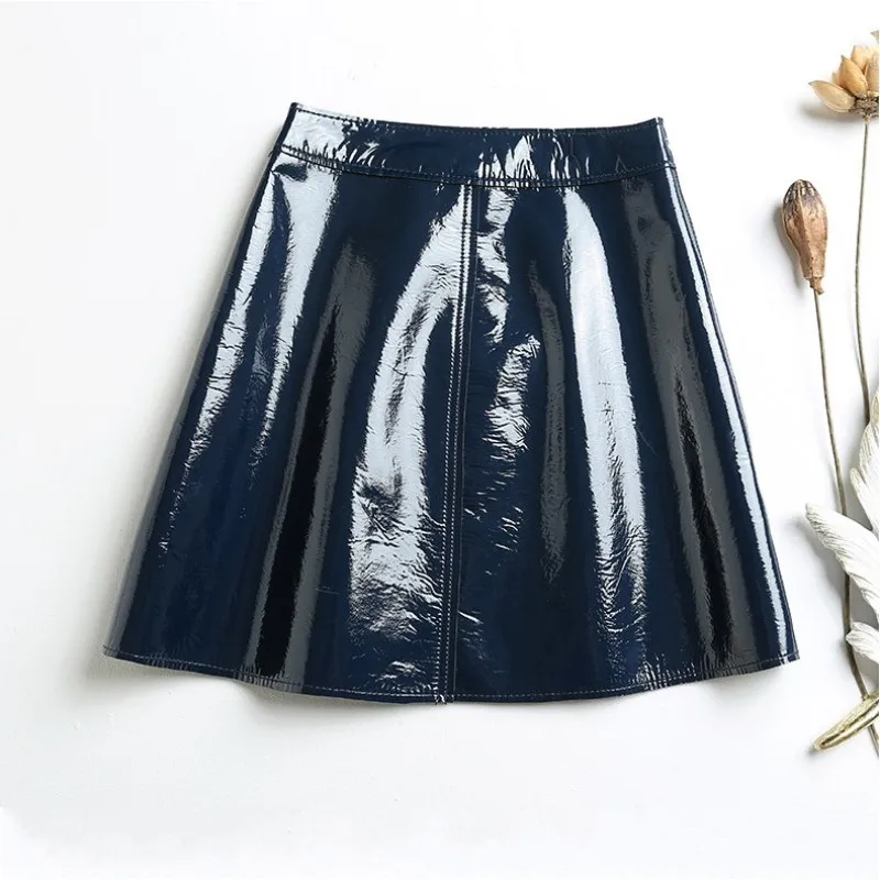 

Юбка женская трапециевидная из натуральной кожи, короткая юбка из лакированной кожи на молнии, с завышенной талией, из качественной овечьей...