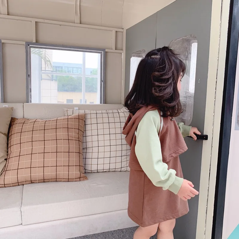 Осень 2019 новинка Топ с длинным рукавом и капюшоном для маленьких девочек + платье