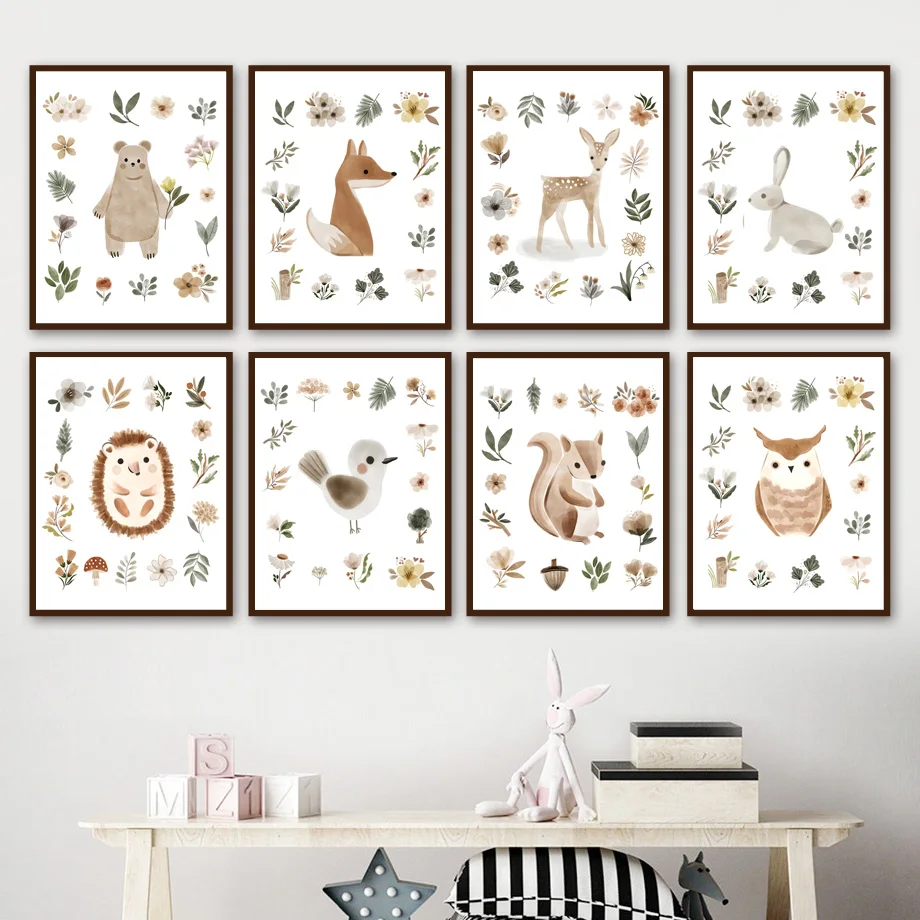 

Bear Bunny Fox Deer Owl Bird Flower Leaf Nursery Wall Art Print Canvas Painting Nordic Poster Cub Decor Pictures Baby Kids Room