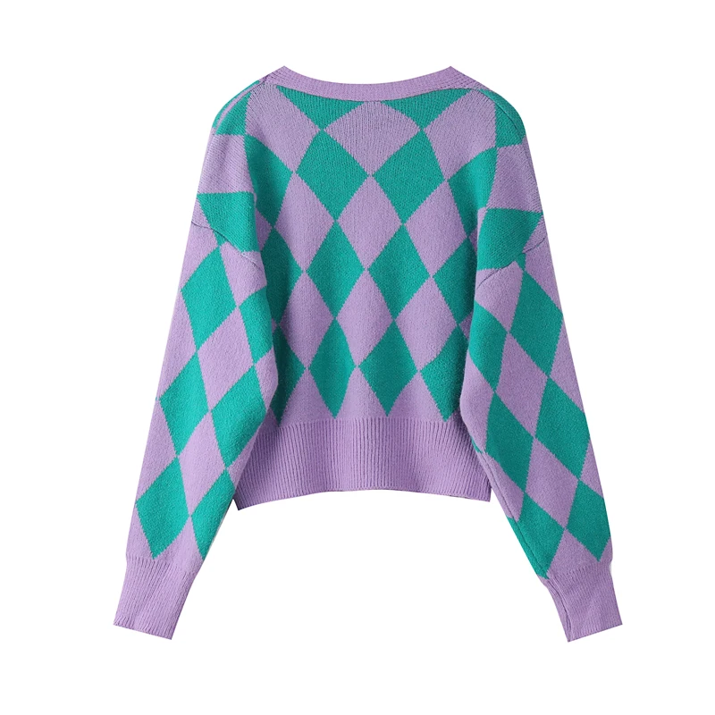 Женский трикотажный кардиган в клетку с V-образным вырезом и длинным рукавом |