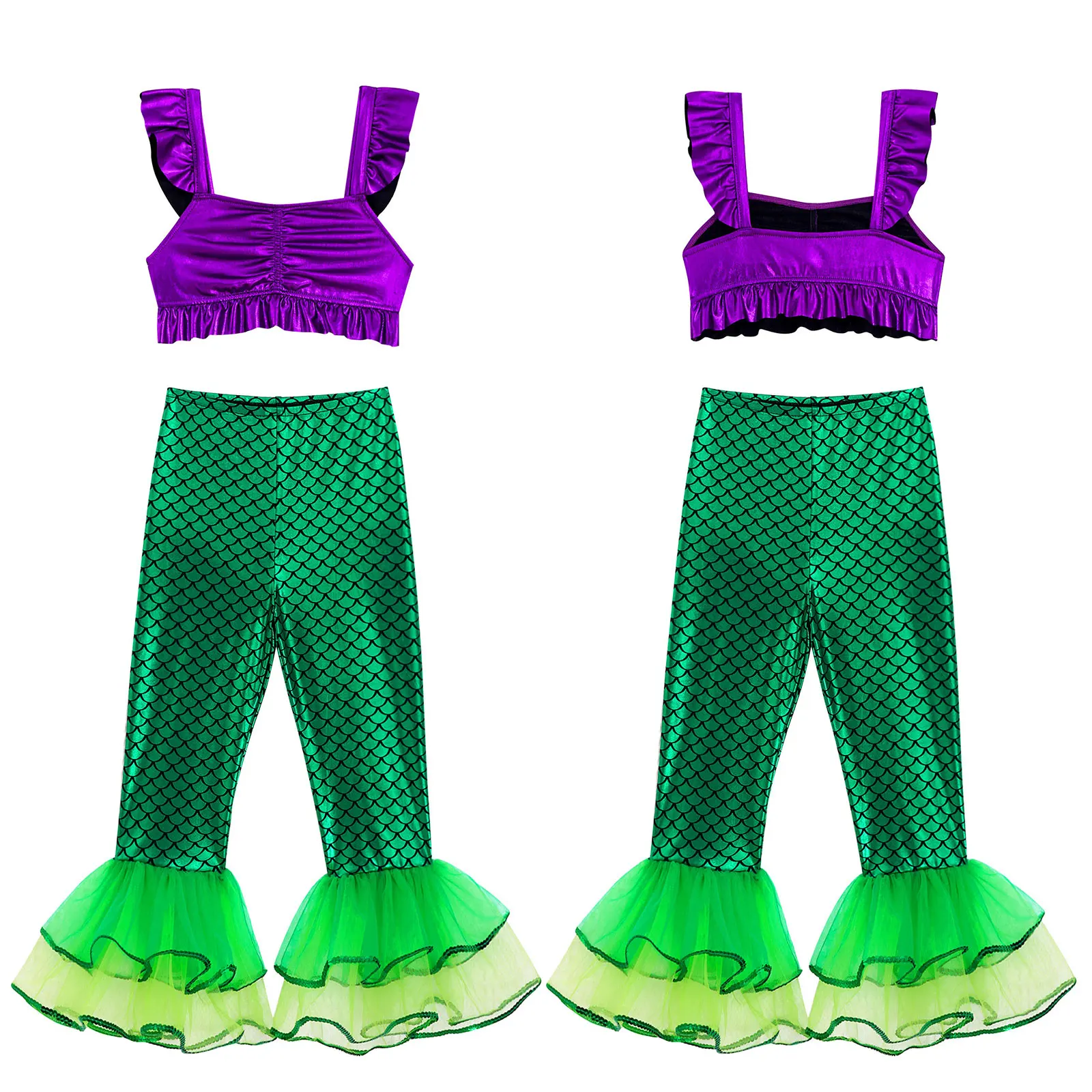 

Purple Green 2Pcs Kids Girls Mermaid Cosplay Clothes Vest Ruffles Trim Crop Tops and Fish Scales Printed Flared Long Pants Set