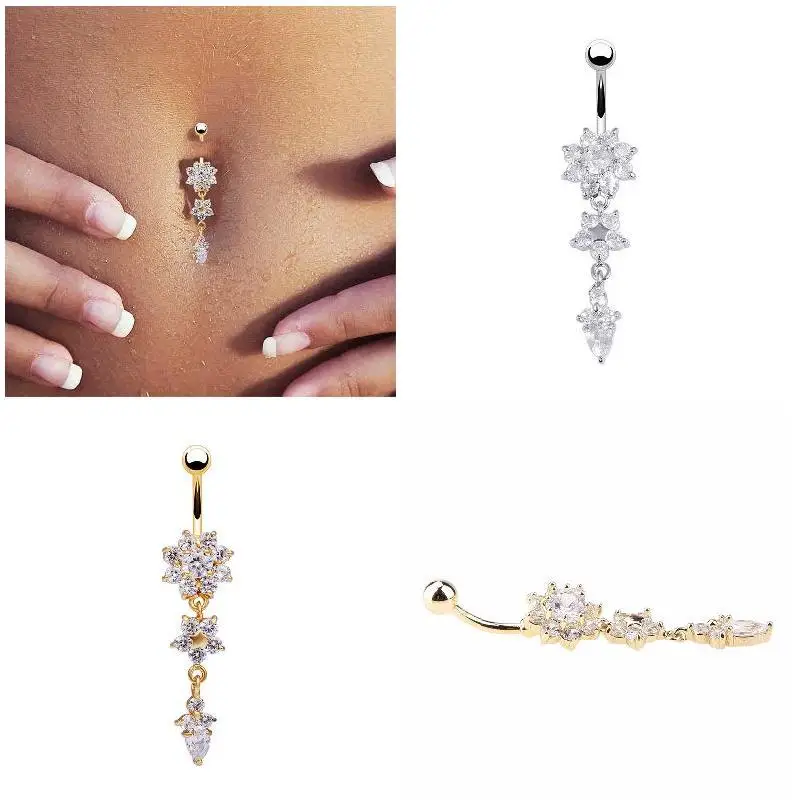 Hot Sale Navel Belly Button Rings Crystal Flower Dangle Bar Barbell Body Piercing Jewelry Gifts NOV99 images - 6