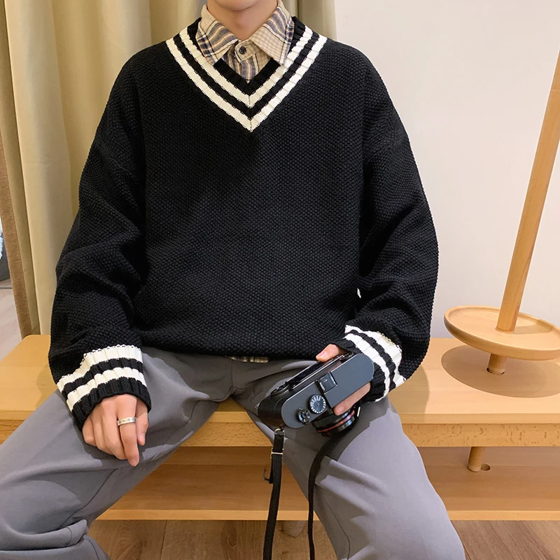 Осенний свитер мужской модный Контрастный ЦВЕТНОЙ Повседневный вязаный с v