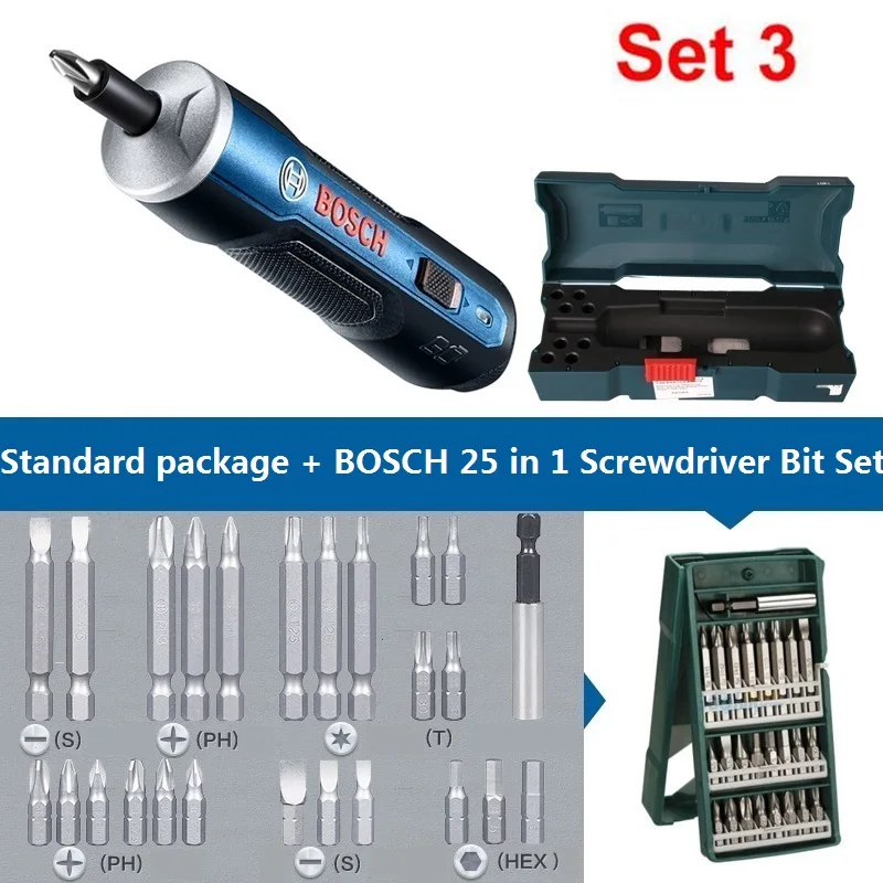 Set 3 Электрическая мини-отвертка BOSCH GO 3,6 В, литий-ионная аккумуляторная батарея, Аккумуляторная дрель с набором сверл - Цвет: Set 3