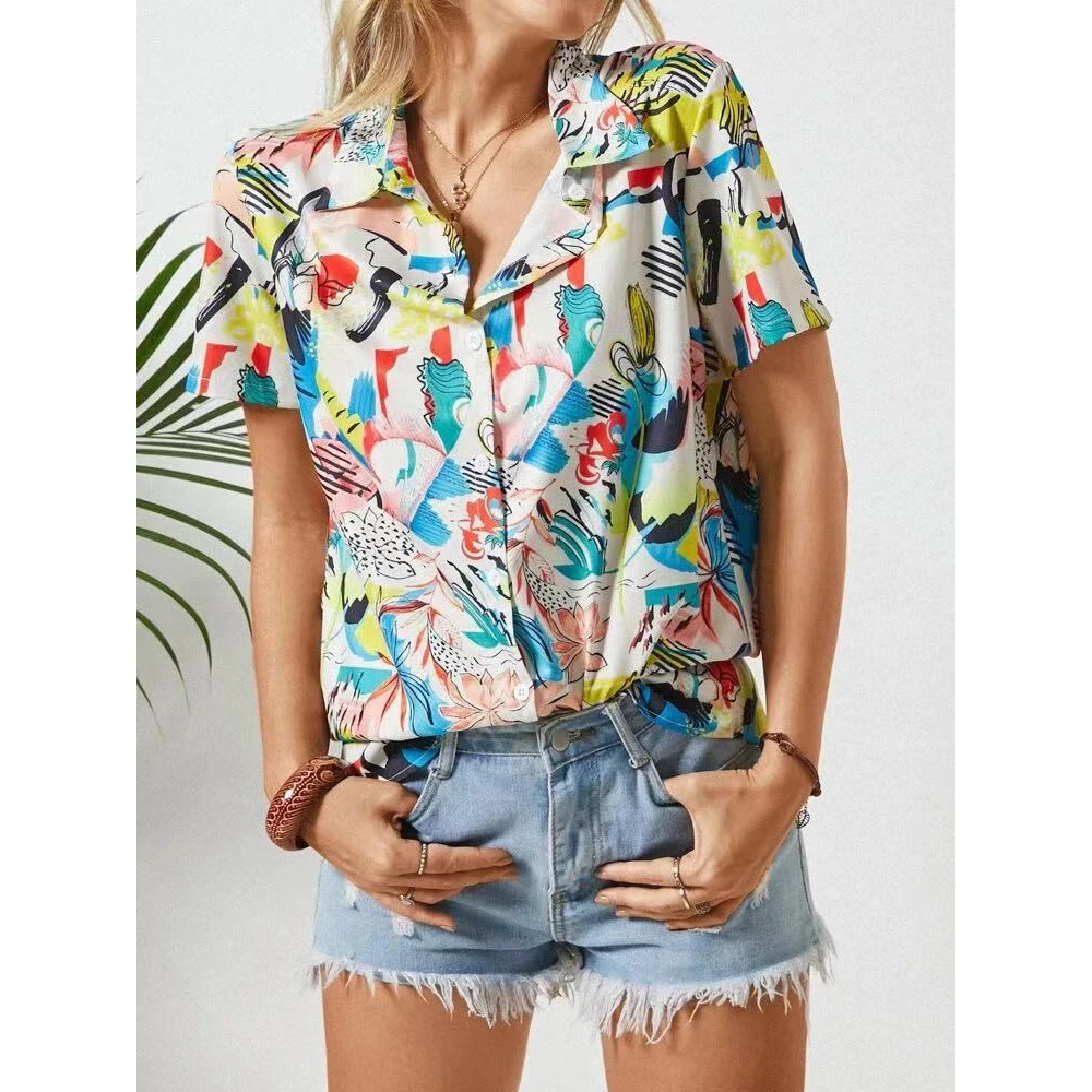 New Good Quality Factory Price Fashion Hot Selling Women's Multicolor Digital Printing Casual Short-Sleeved Lapel Shirt | Женская