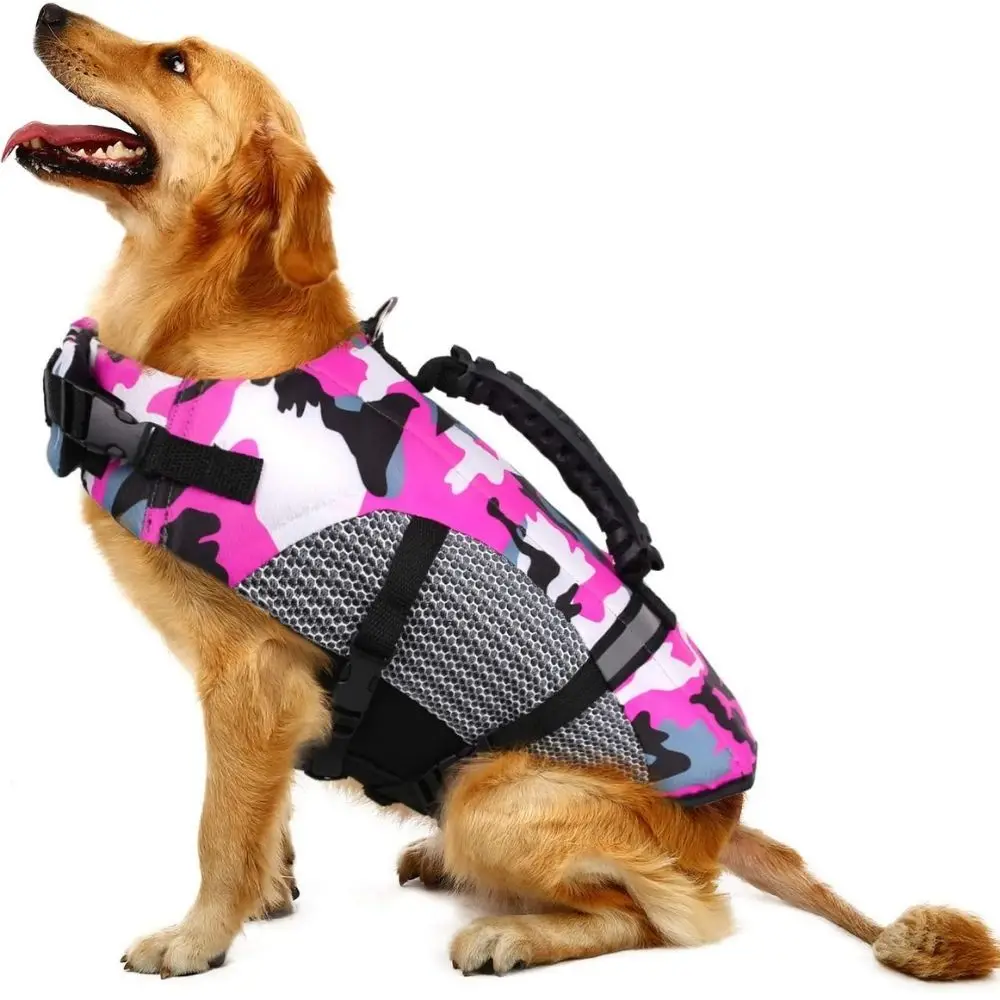 

Dog Life Jacket Pet Floatation Safety Vest Adjustable Camo Swimsuit Reflective Preserver With Rescue Handle For Swimming Boating
