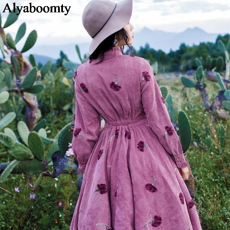 

Japan Mori Girl Autumn Spring Women Maxi Long Dress Stand Collar Floral Embroidery Vestidos Longo Elegant Corduroy Vintage Dress