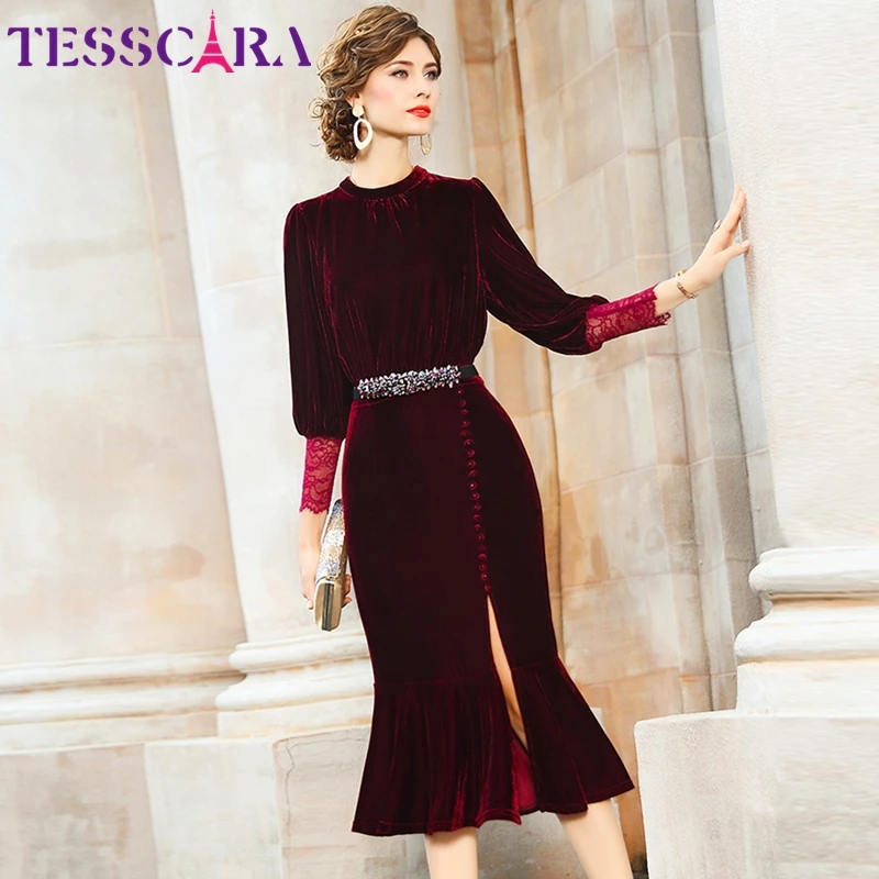 TESSCARA женское осенне зимнее элегантное платье бархатное Festa Высокое Качество