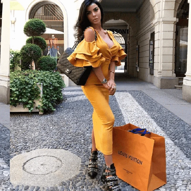 INDRESSME Новое Женское желтое платье с рюшами и бабочкой с коротким рукавом, летнее платье с v-образным вырезом, вечерние платья знаменитостей, Клубное платье миди