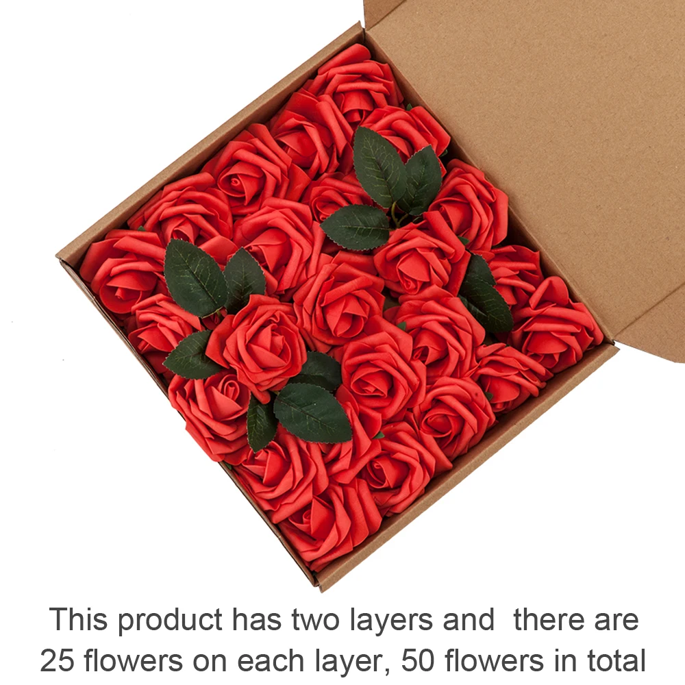 

Artificial Flowers Home Decoration 50pcs PE Foam Rose Flower Red Blue with 4 Sets of Leaves U.S.Inventory
