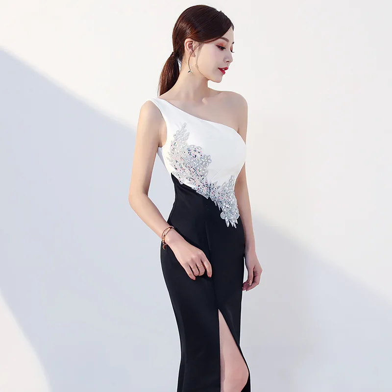 Сексуальное вечернее платье с одним открытым плечом на молнии сзади высоким