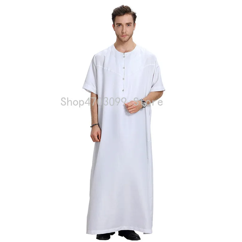 Arabic Abaya Muslim Dubai Kaftan Short Sleeve Adult Pakistan Men Solid O Neck White Gray Clothing Saudi Arab Male