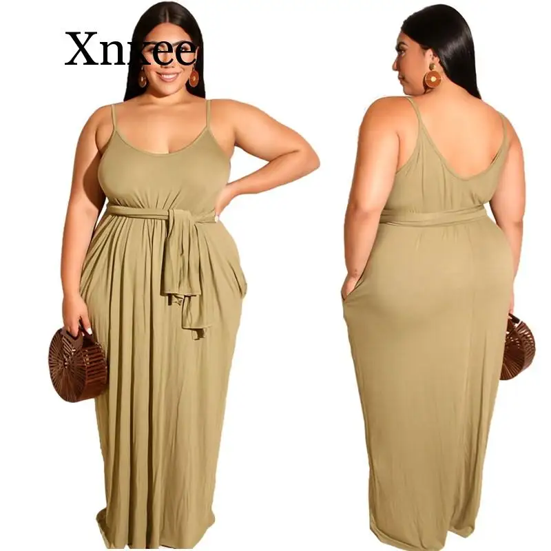 

Plus Size Casual Loose Long Maxi Dress Women O Neck Solid Boho Beach Maxi Robe Spaghetti Strap Bandage Sexy Vacation Party Dress
