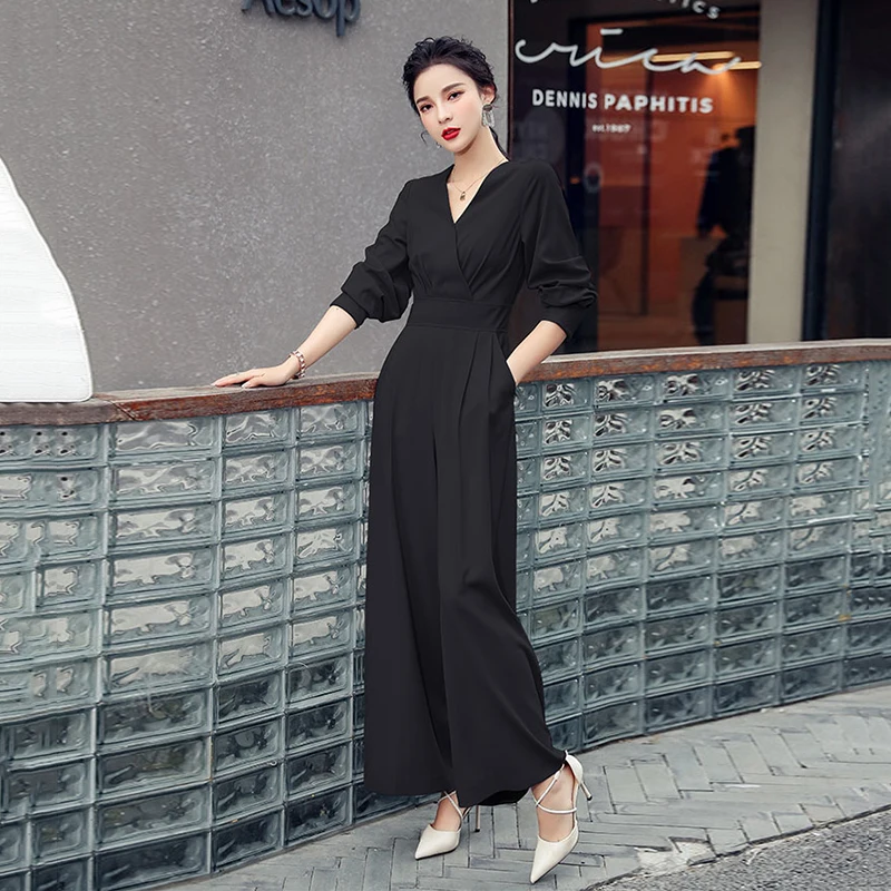 

ECRURANI Elegant Jumpsuits For Women V Neck Long Sleeve High Waist Ruched Plus Size Full Length Pants Female 2021 Clothing Tide
