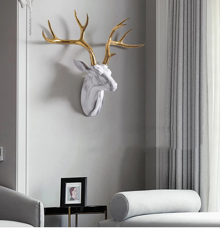 

Nordic Home Living Room Background Wall Hanging Marble Texture Deer Head Wall Sculpture Golden Antlers Hotel Wall Decor Statue
