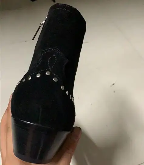 Shiny Rivets Black flock Top Quality Men Chelsea Boots Ankle Flats Side Zipper Euro size 45 46 shoes women Trainers | Обувь