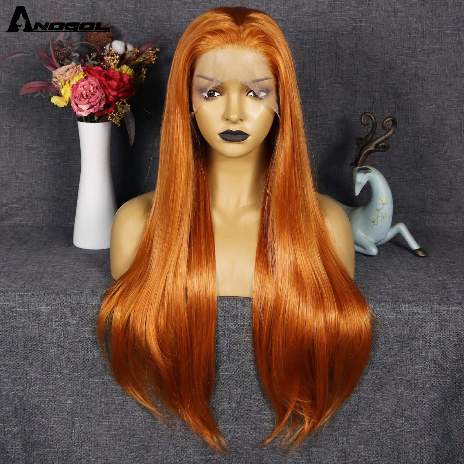 ANOGOL 13X3 Orange Ginger Lace Frontal Wigs Pre Plucked Brazilian Straight Heat Resistant Synthetic wig Hair Wig For Black Women