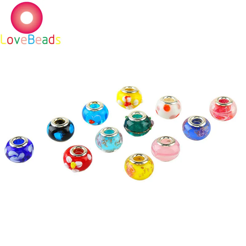 Бусины стеклянные круглые с большими отверстиями для браслетов Пандоры 10 шт. -