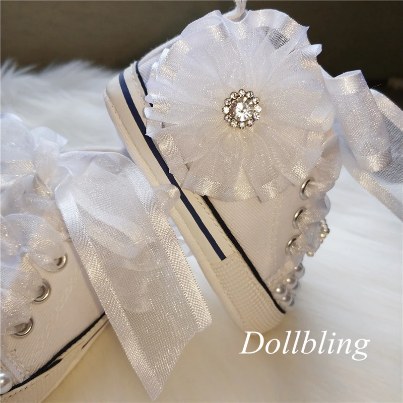 

2019 Original handmade pearl rhinestone flower baby canvas shoes baby centennial photo high-end customization