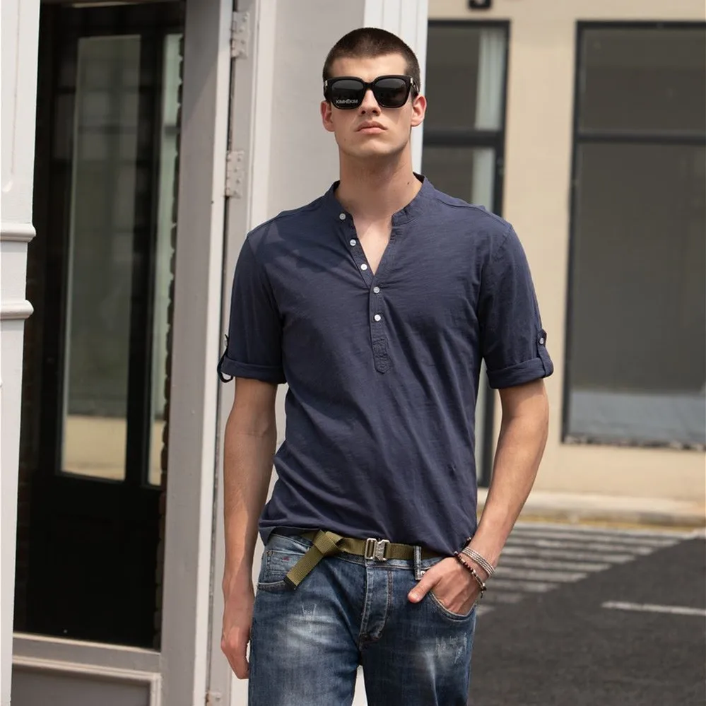 

2021 Stand Collar T-Shirt Men Solid Color 100% Cotton Middle Sleeve Men's T Shirts Summer Quality Casual Tee Shirt Male