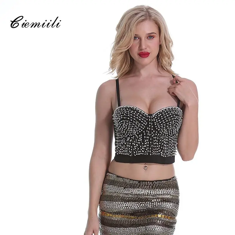 

CIEMIILI Summer Tops for Women 2021 Spaghetti Strap Solid Tanks Diamond Womans Tank Tops Bralette Celebrity Party Sexy Crop Tops