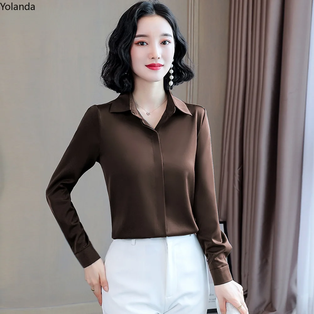 

2021 Autumn Hidden Breasted Women Silk Shirt Fashion Long Sleeve Casual Female Tops Vintage Office Lady OL Satin Blouses Shirts