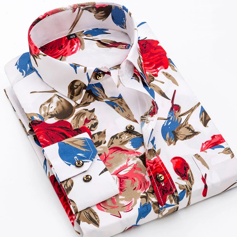 

New men's fashion printed floral sleeve long soft shirt fine spring standard holiday shirt