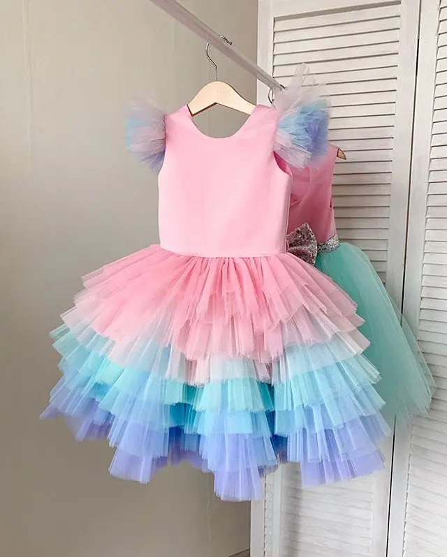 Pink Blue Girls Ball Gowns Rainbow Tiers Big Bottom Dress 2021 Cute Baby Girl First Birthday Dress