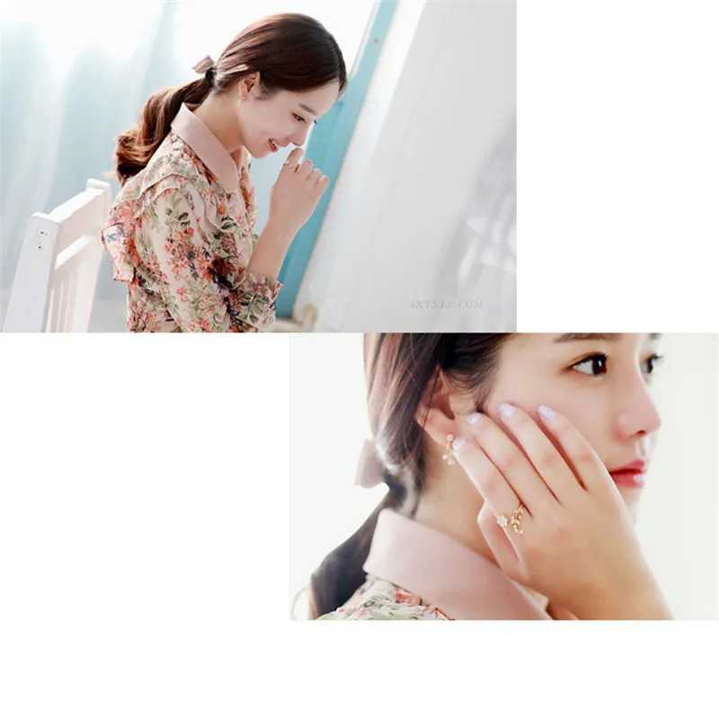 Женское кольцо с листьями витые Стразы цветами Открытое на указательный