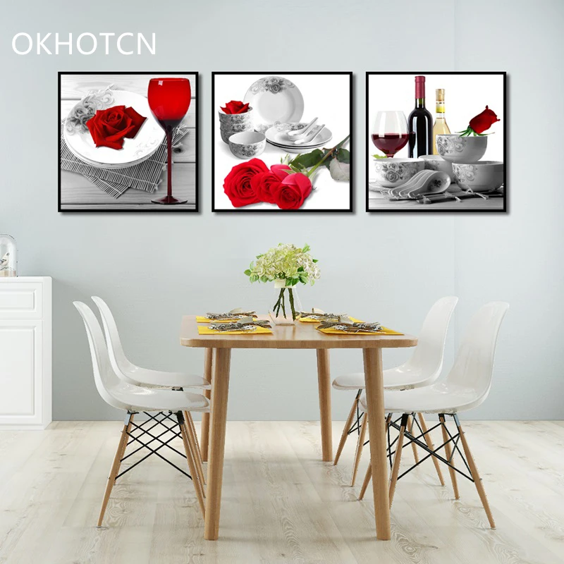 Classic Red Flower Wine Prints Home Decor Nordic Canvas Painting Wall Art Picture Living Room |